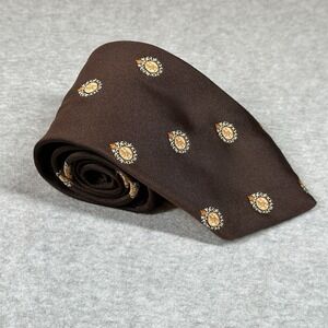 Vintage Mitford Mens Tie Brown‎ Polyester Silk Blend Golden Embroidery Emblems